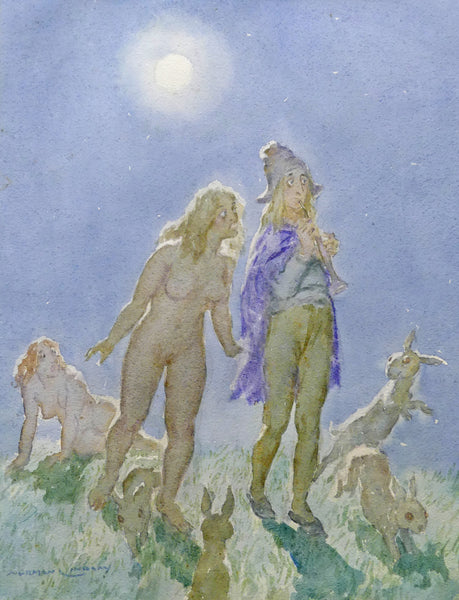 Norman Lindsay - Watercolour - Moonlight's Piper